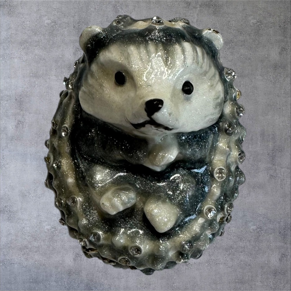 Hedgehog Trinket Box Enamel Over Metal Hinged Jewelry Keepsake Box